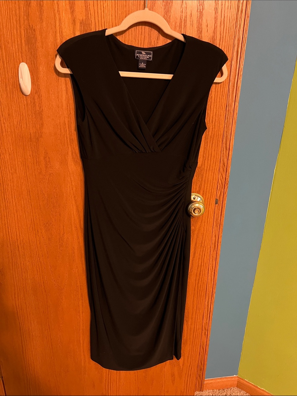 American Living Black Midi Sheath Dress with V-Neck and Side Ruching